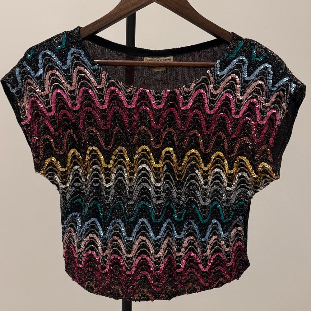 Vintage David Belia Multicolored Sequin Crop Top Blouse Disco. Size M